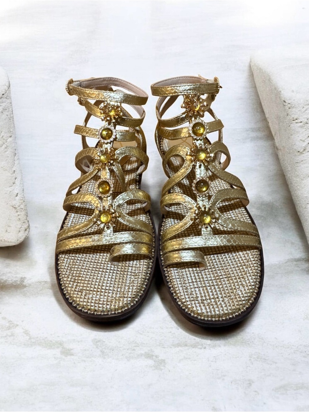Sam Edelman Tianna Gold Metallic Strappy Sandals with Floral Accents